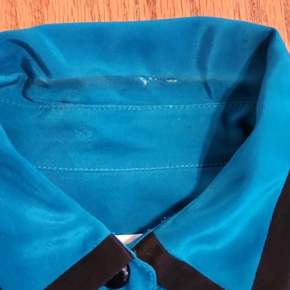 Vintage Eleanor P Brenner Silk Blouse Blue & Black Button Down Size Medium Flaws - Picture 10 of 14